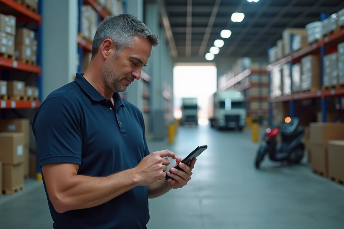 Coordinateur logistique accédant à une application de suivi GPS sur smartphone dans un entrepôt