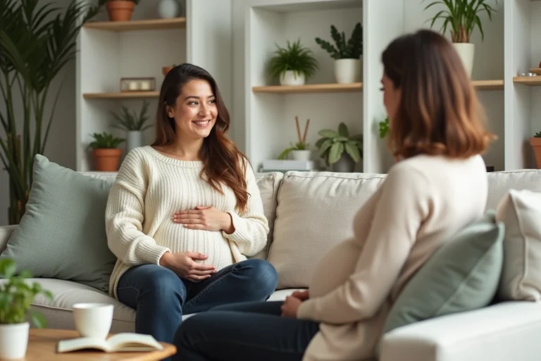 Femme enceinte recevant un accompagnement personnalisé de sa coach bien-être dans un salon chaleureux et apaisant