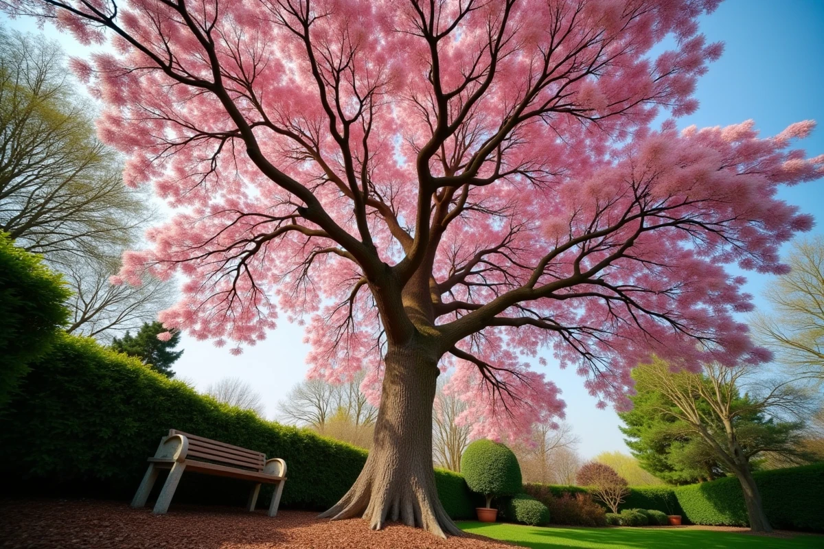 Albizia mature en pleine floraison rose photographié depuis le sol dans un jardin aménagé