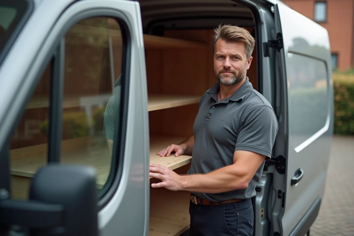 Artisan mesurant un module d'aménagement bois par rapport à la hauteur intérieure du Renault Trafic L2H1 à porte coulissante ouverte