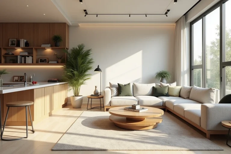 Séjour spacieux d'un appartement T3 bien aménagé avec cuisine ouverte et espace repas