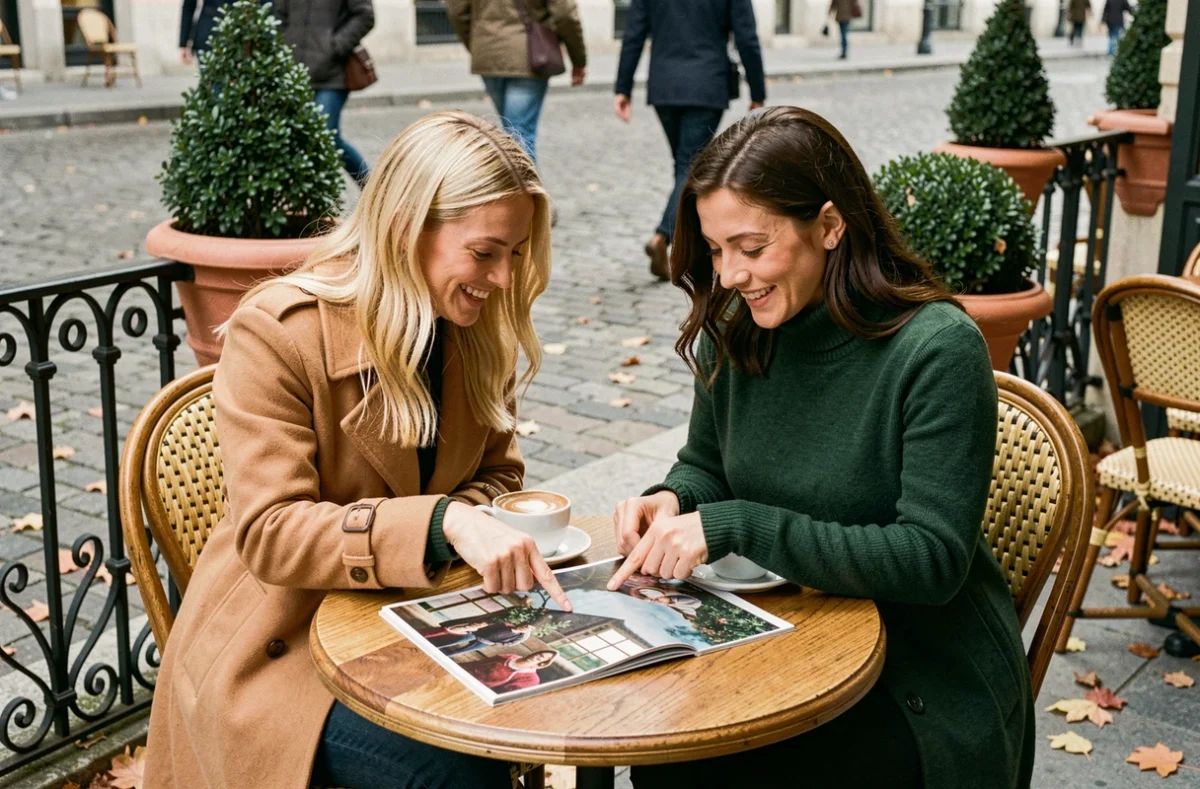 Deux amies parcourant ensemble un magazine tendance en terrasse de café parisien en automne
