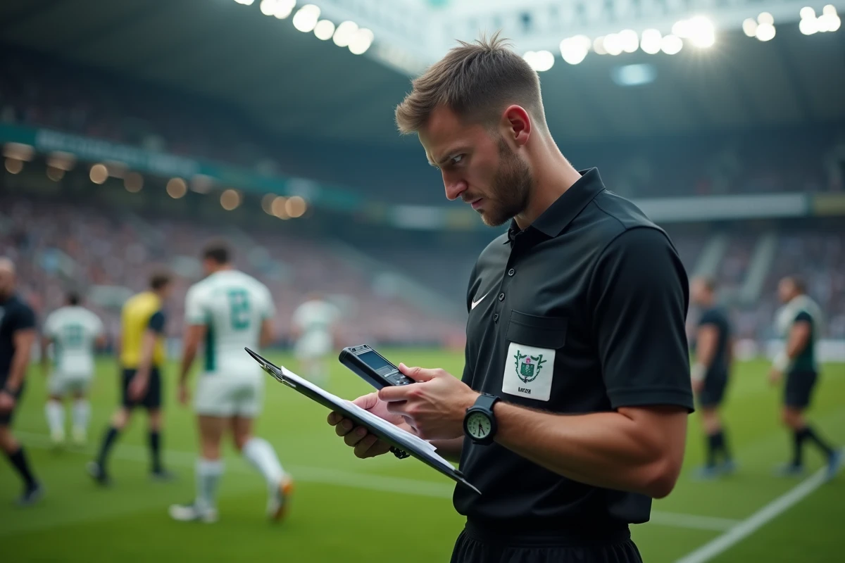 Arbitre de rugby professionnel consultant un chronomètre analogique en bord de terrain lors d'une mi-temps officielle