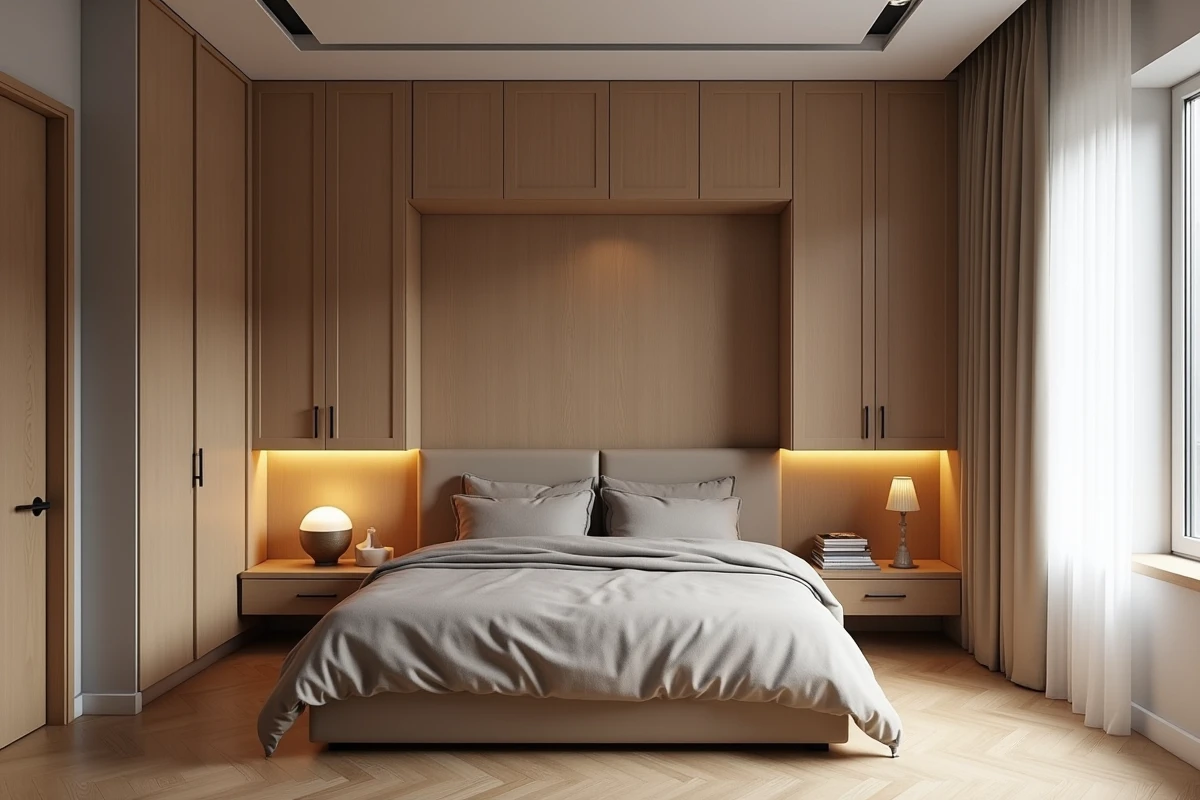 Chambre optimisée dans un appartement T3 avec rangements intégrés et parquet chêne clair