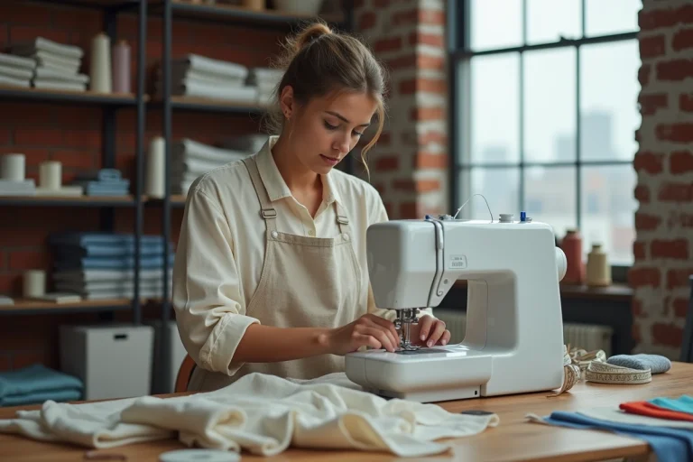 Femme utilisant une machine à coudre informatisée moderne dans un atelier de couture bien organisé