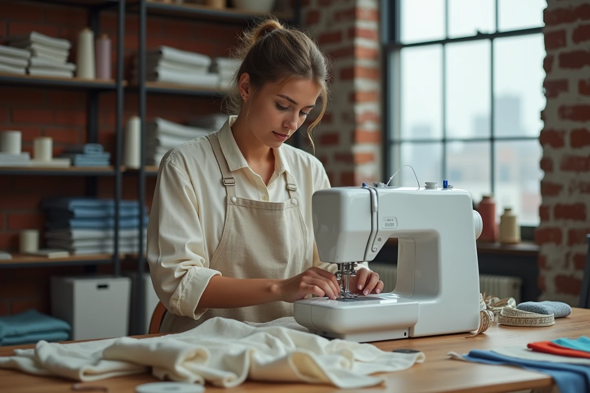 Femme utilisant une machine à coudre informatisée moderne dans un atelier de couture bien organisé