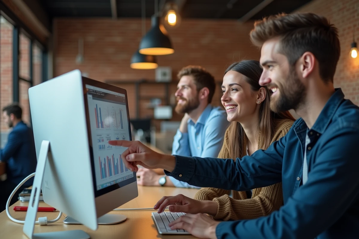 Deux collègues analysant ensemble les services Adivak sur un écran dans un espace de coworking