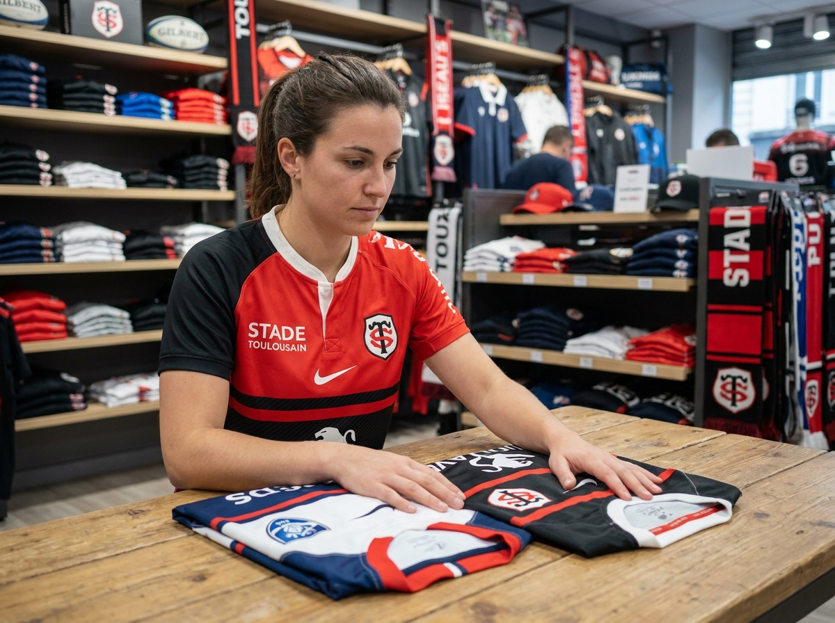 Femme comparant deux maillots du Stade Toulousain dans un magasin de sport