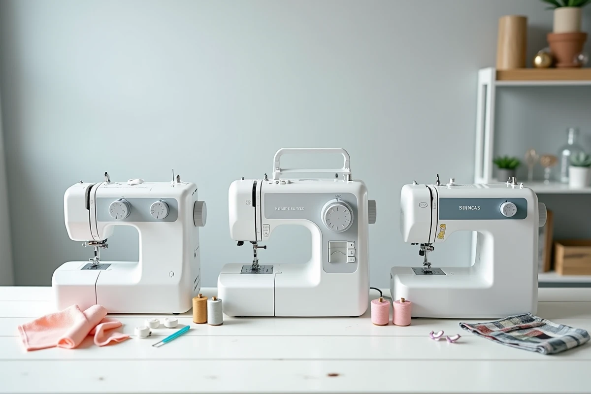 Comparaison de trois marques de machines à coudre posées côte à côte sur une surface blanche