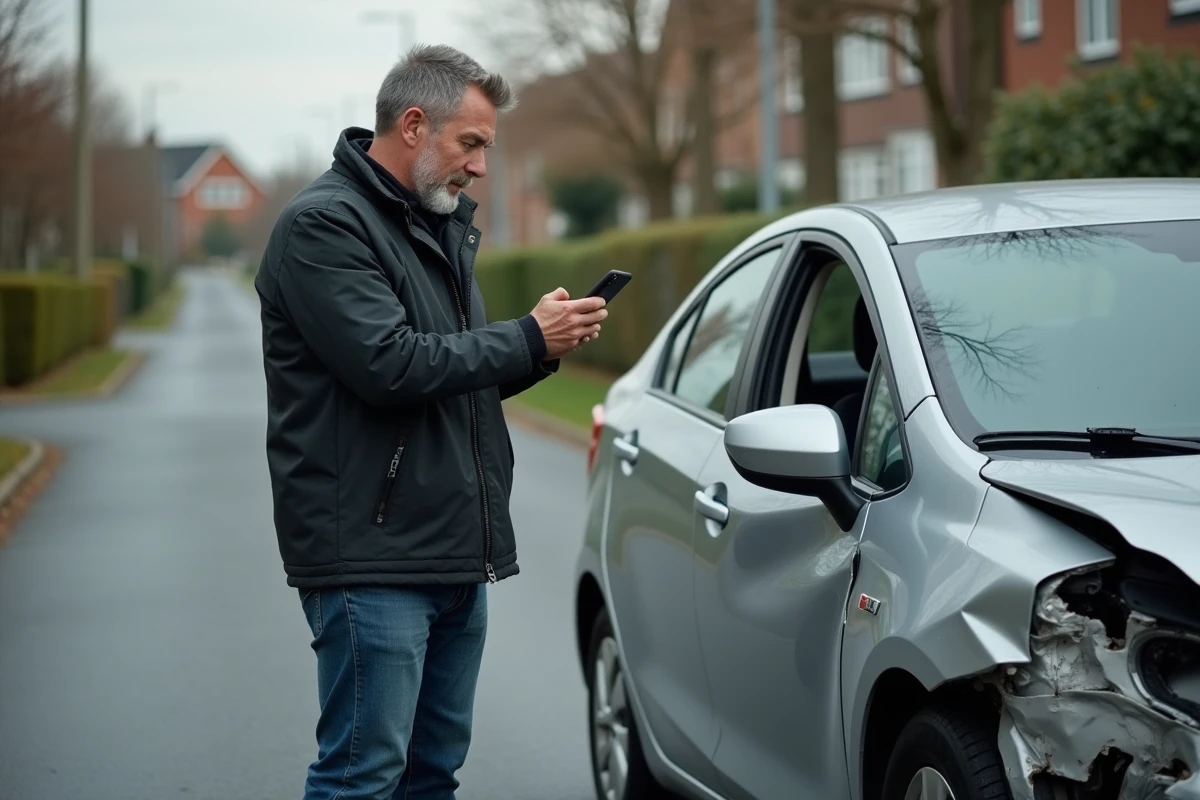 Conducteur photographiant les dégâts d'un choc latéral sur sa voiture après un accident