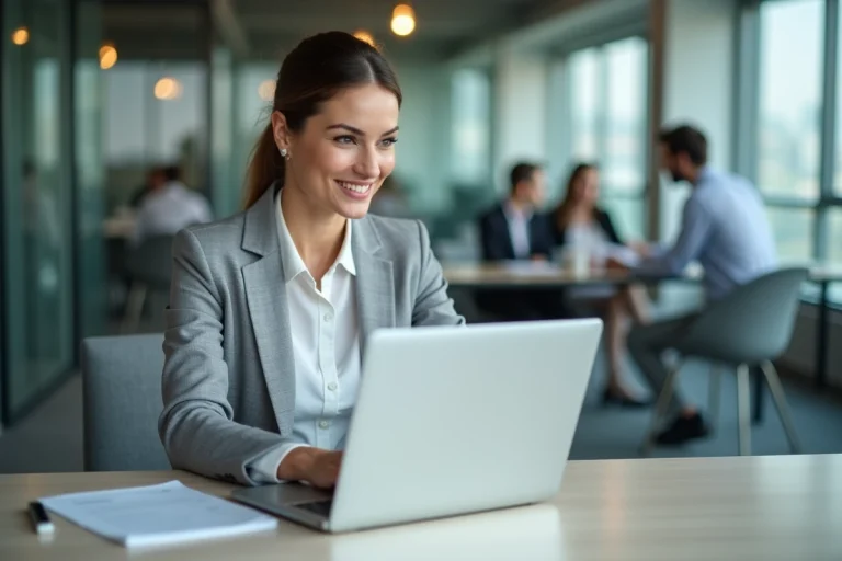 Femme professionnelle connectée à une application de tracking de véhicules sur ordinateur portable au bureau
