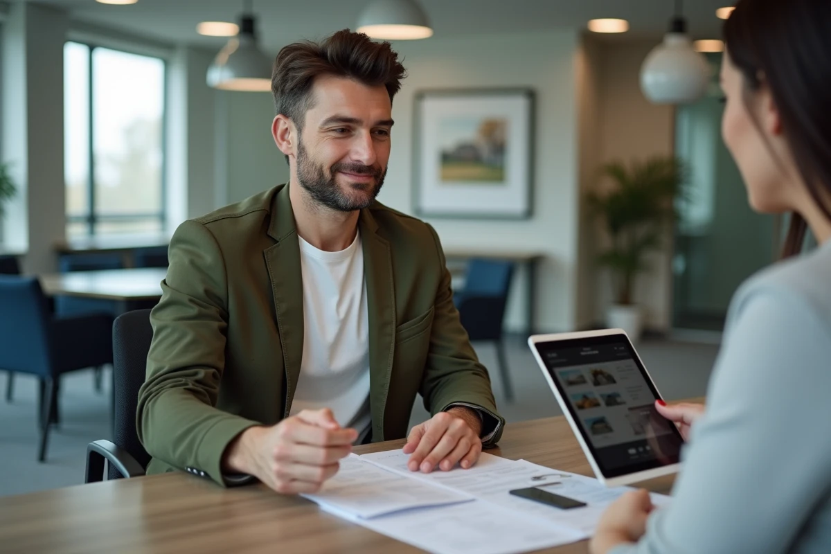 Homme consultant un agent immobilier en agence pour affiner sa recherche de bien immobilier