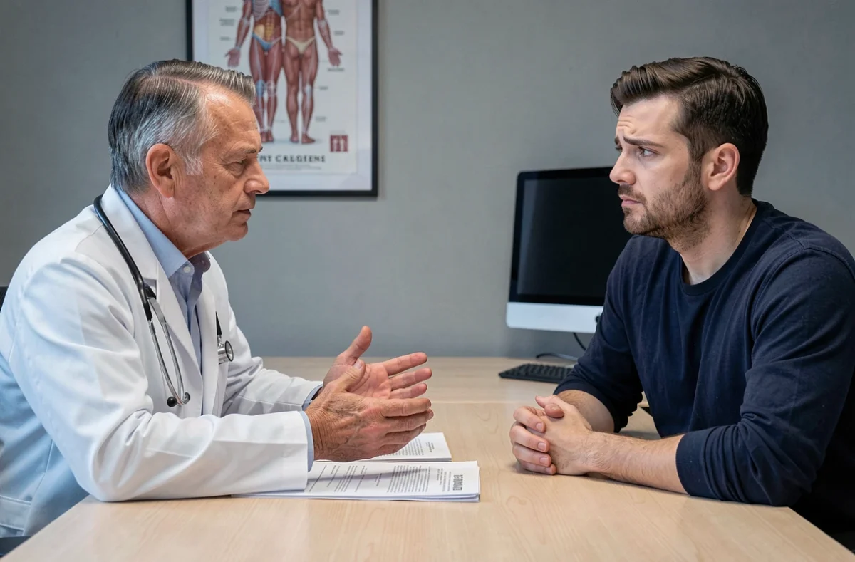 Médecin expliquant un diagnostic à un patient lors d'une consultation médicale dans un cabinet moderne, illustrant le traitement des maladies courantes