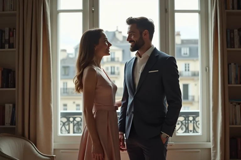 Couple élégant dans un appartement parisien moderne, illustrant la vie privée et l'entourage de Grégory Patat