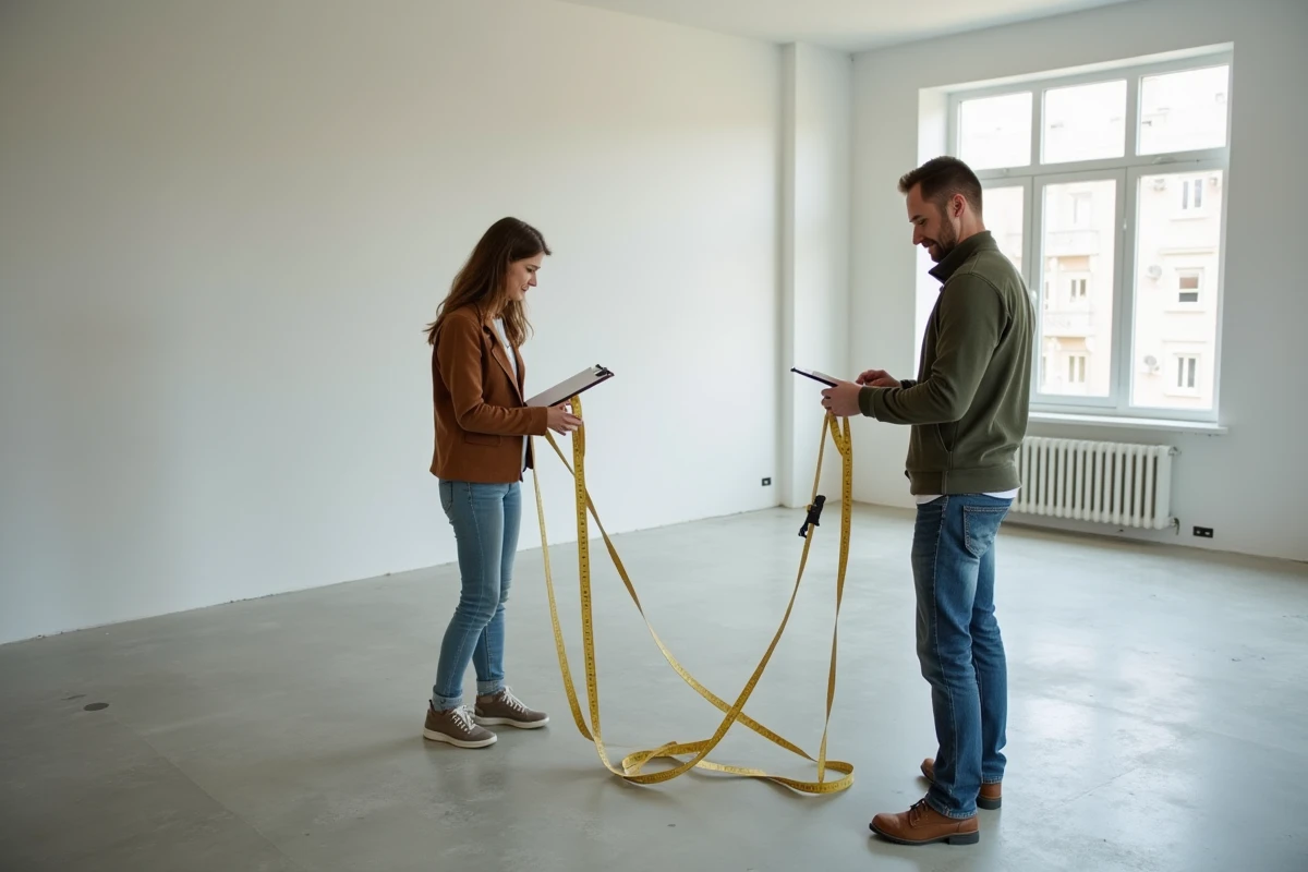Couple mesurant la superficie d'un appartement T3 vide avant aménagement