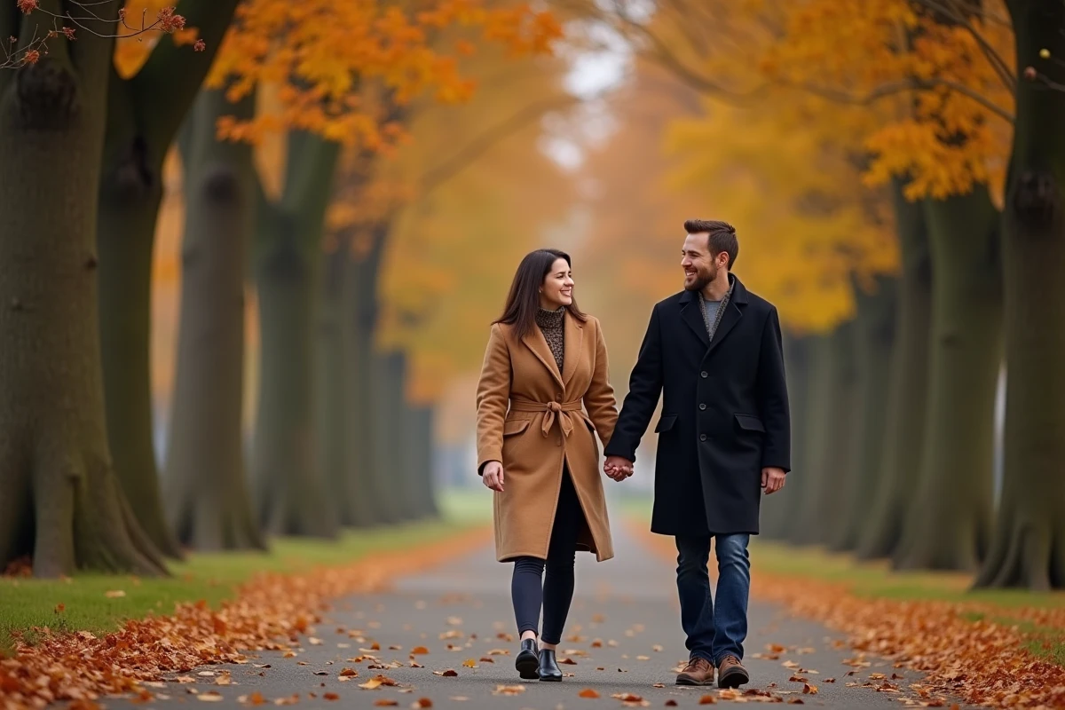 Couple se promenant dans un parc parisien en automne, symbolisant la complicité et la vie intime d'un personnage public et son épouse