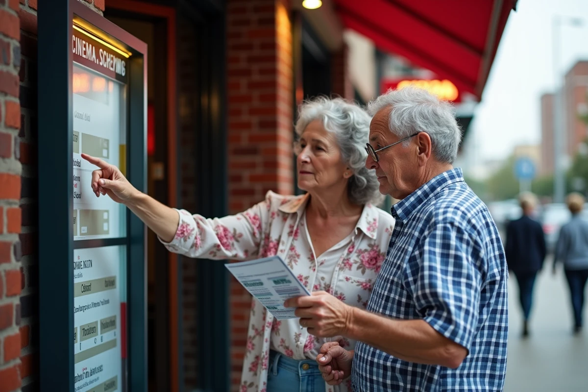 Un couple de seniors devant l'entrée d'un cinéma consultant les tarifs et les avantages de la carte senior