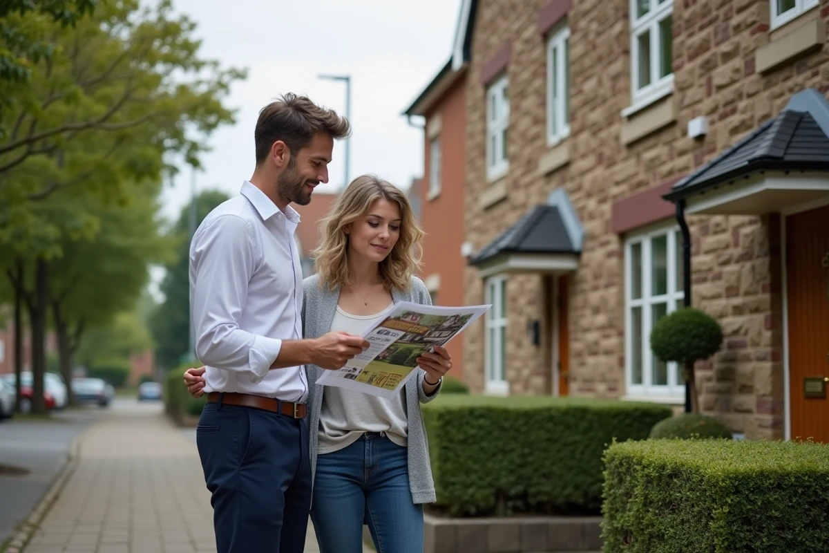 Couple visitant une maison individuelle et consultant un prospectus d'agence immobilière devant la façade