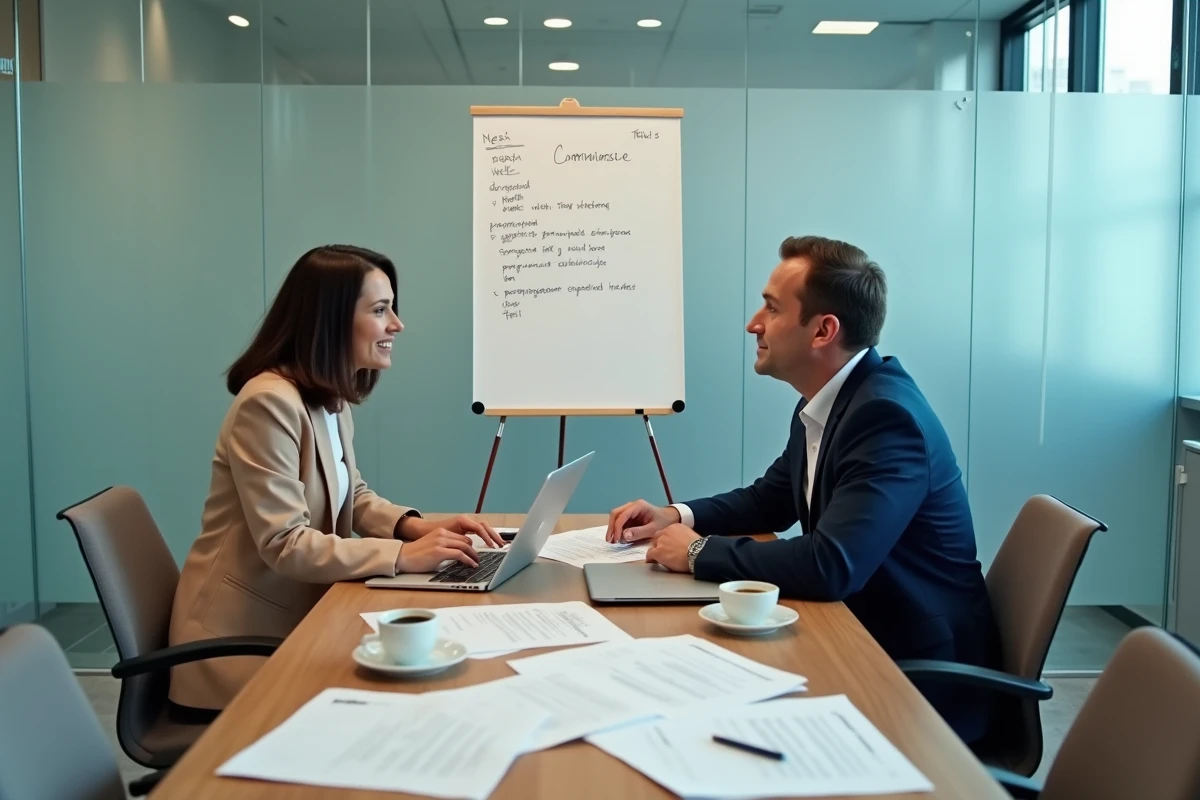 Équipe RH en réunion pour optimiser la déclaration administrative du personnel en salle de conférence