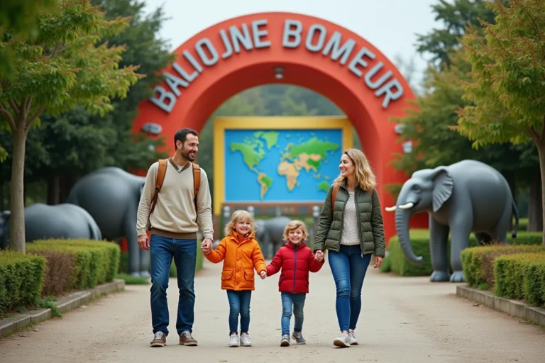 Famille souriante devant l'entrée de Babar Autour du Monde
