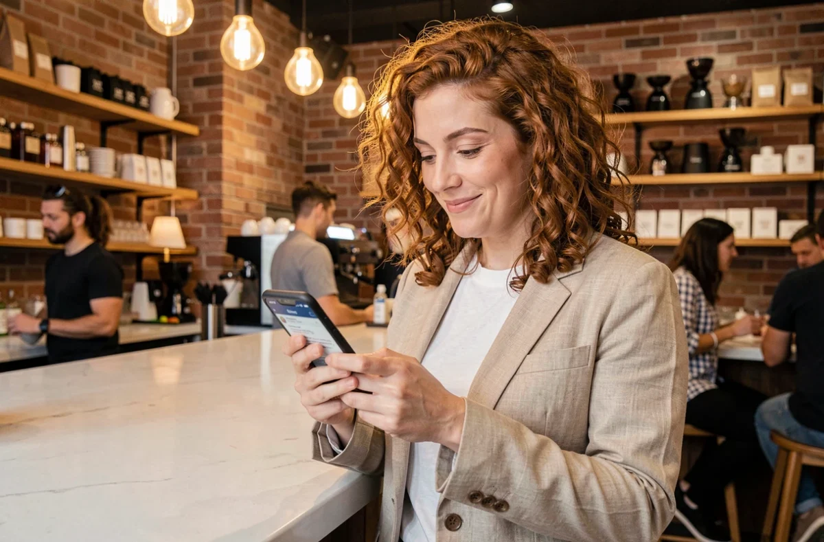 Femme découvrant les innovations et actualités sportives sur son smartphone dans un café urbain