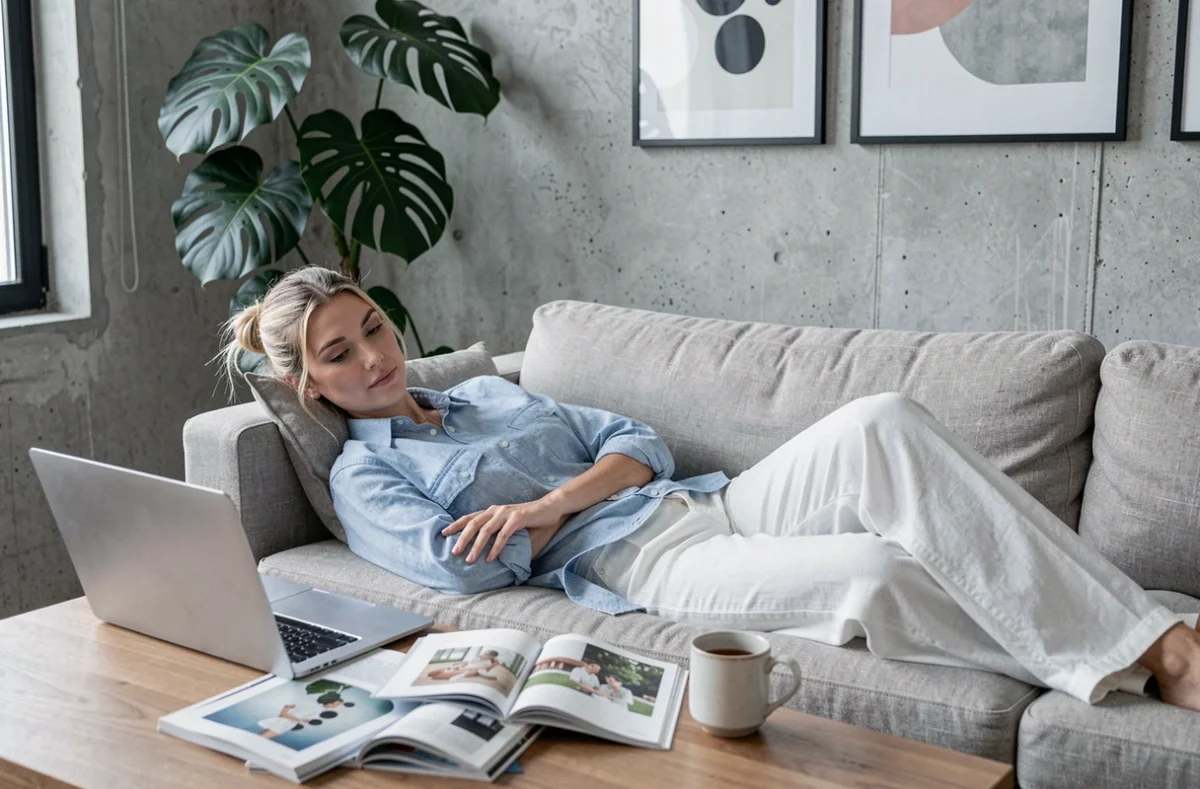 Femme blonde détendue sur un canapé en lin consultant un blog mode sur ordinateur portable dans un appartement moderne minimaliste
