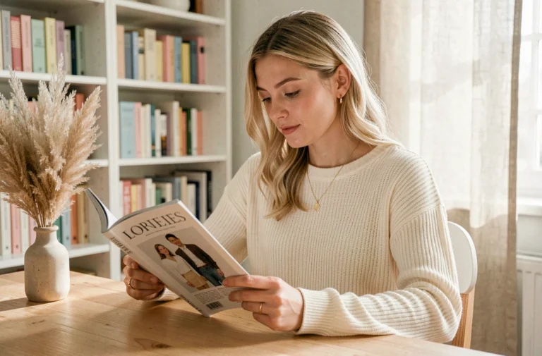 Jeune femme blonde lisant un magazine lifestyle à son bureau en bois dans un intérieur scandinave cosy