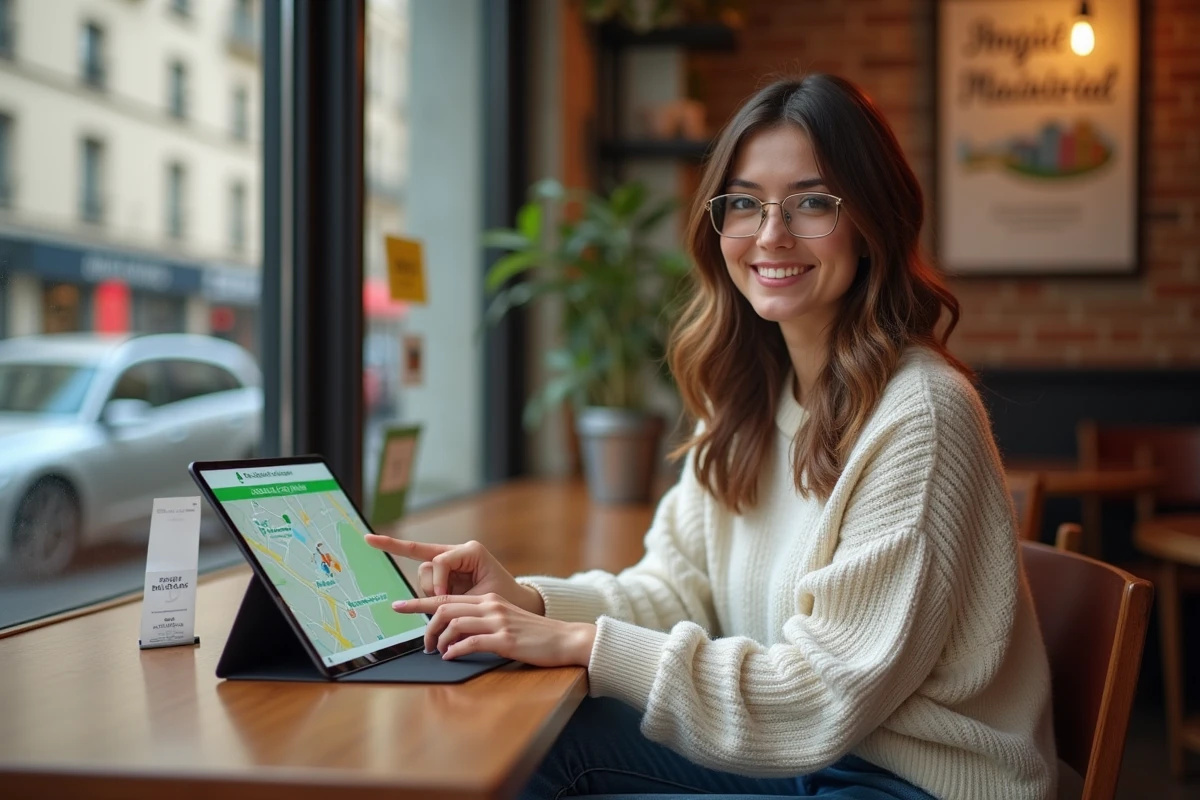 Femme souriante utilisant une tablette dans un café