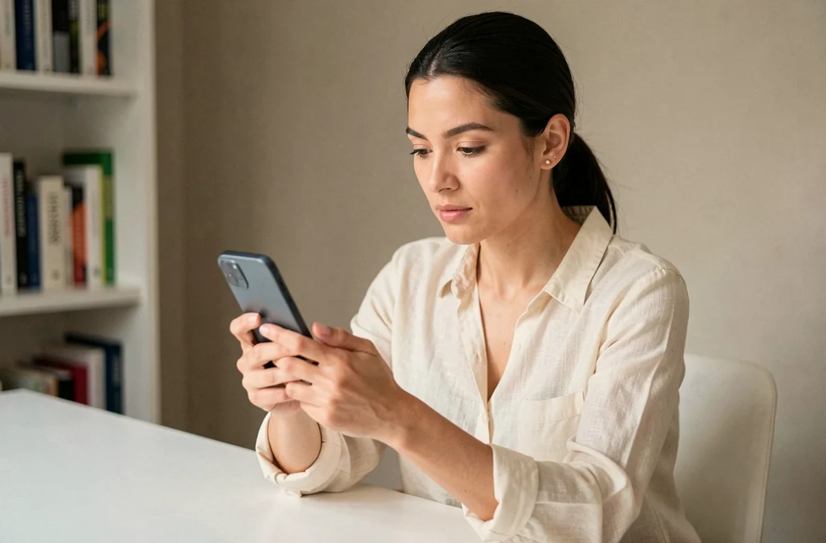 Femme examinant attentivement un smartphone haut de gamme à son bureau, comparatif meilleurs smartphones de l'année