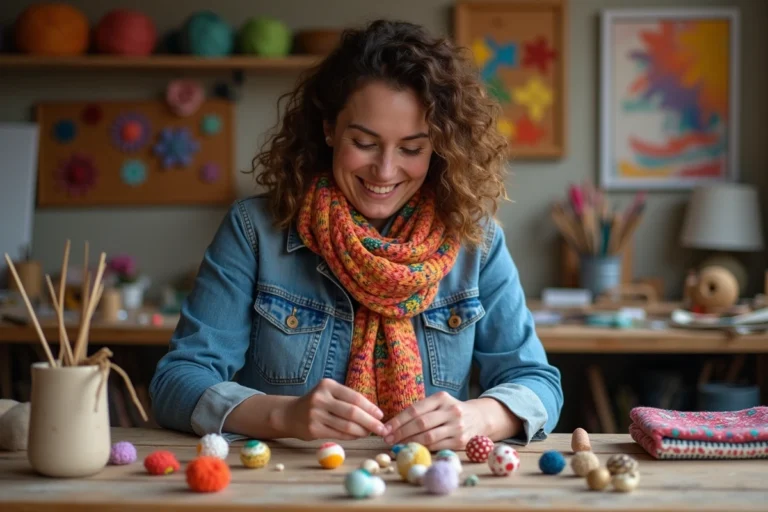 Femme souriante arrangeant des brooches en céramique peintes à la main