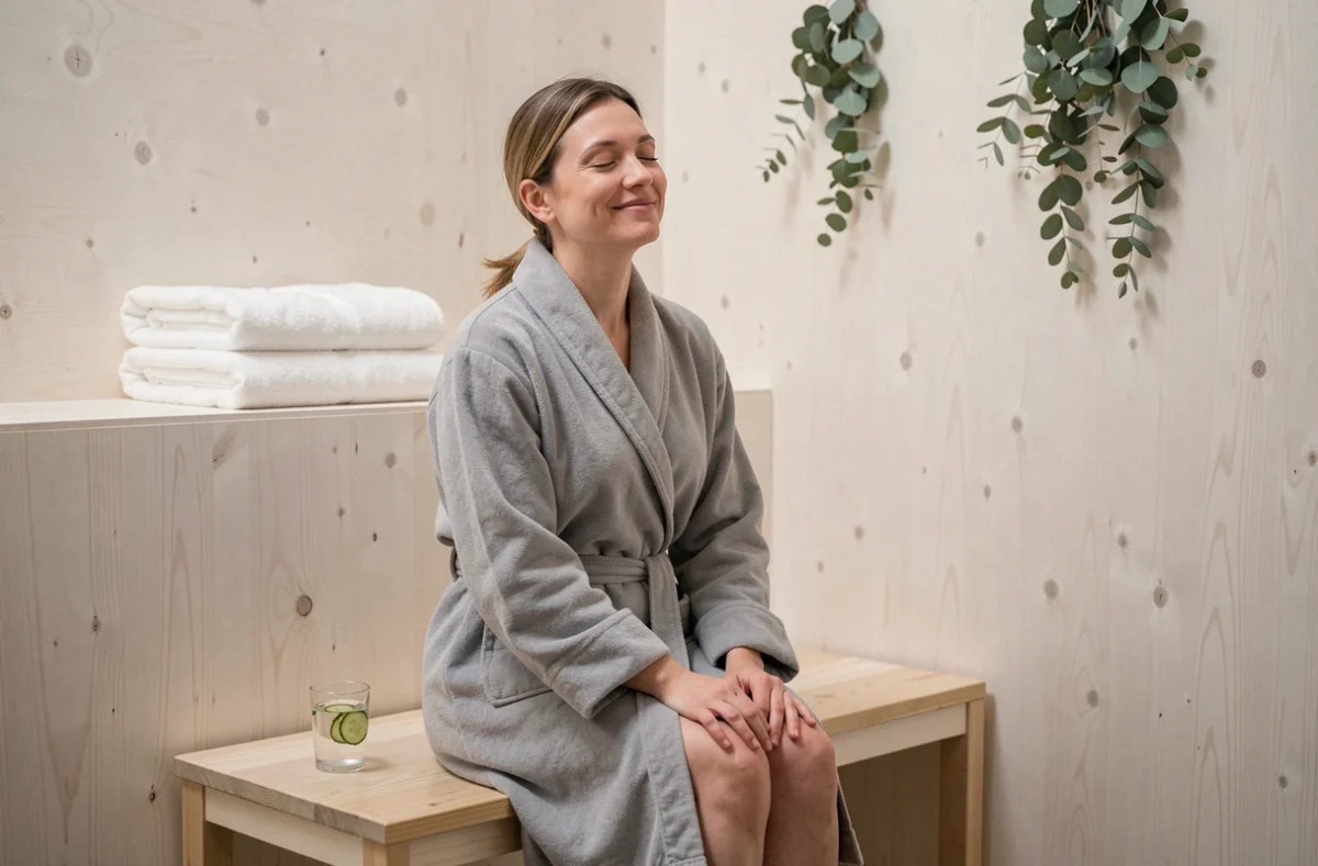Femme détendue en robe de spa après un soin massage bien-être dans un espace nordique minimaliste