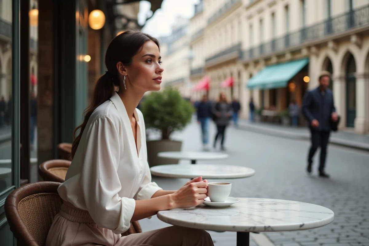 Femme élégante assise en terrasse de café parisien, évoquant la personnalité discrète de l'épouse d'une figure publique