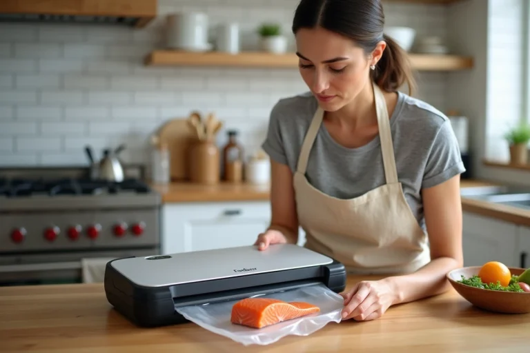 Femme utilisant le FoodSaver V2860 pour mettre sous vide du saumon frais dans une cuisine moderne