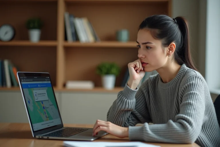 Femme frustrée devant une erreur sur une application de carte Gozmap sur son ordinateur portable à domicile