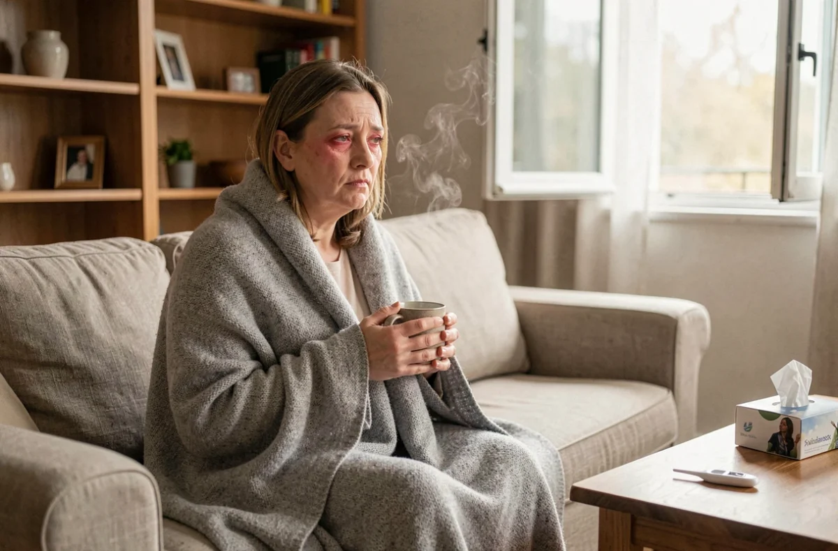 Femme fatiguée assise sur un canapé avec une tasse chaude, visage pâle et mouchoirs sur la table basse, illustrant les symptômes d'une maladie courante