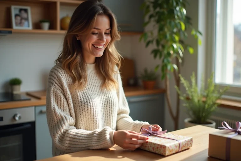 Femme souriante offrant un cadeau dans une cuisine lumineuse