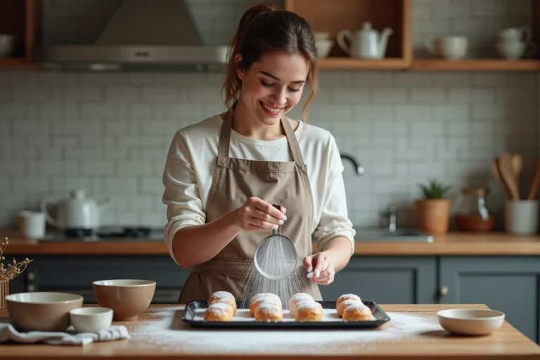 Femme souriante saupoudrant des éclairs de sucre glace