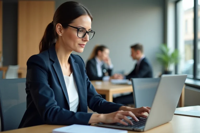 Femme professionnelle consultant le site Adivak sur un ordinateur portable dans un bureau moderne