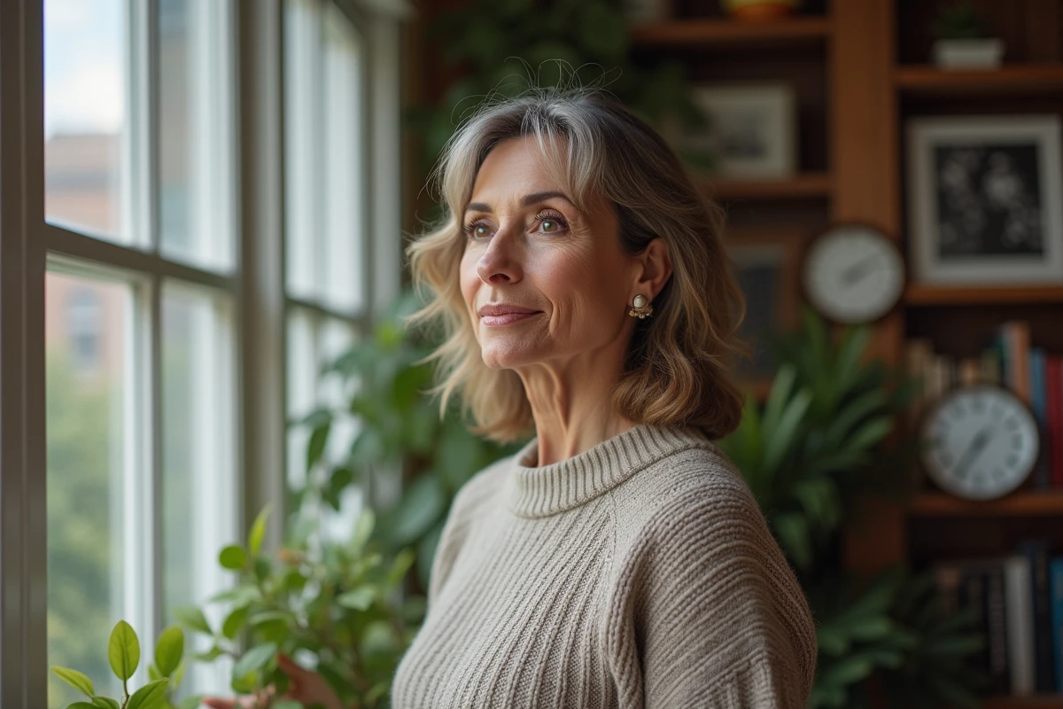 Femme mature regardant par la fenêtre avec cheveux ondules