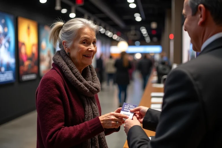 Une femme senior souriante présente sa carte senior au guichet d'un cinéma pour bénéficier d'un tarif réduit