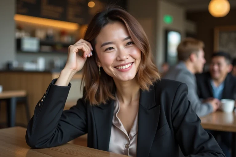 Femme souriante avec coupe lob dans un café moderne