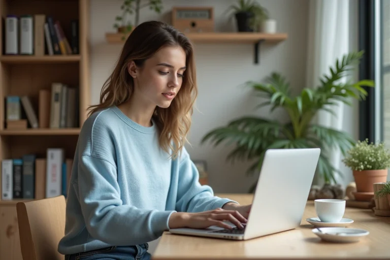 Femme concentrée travaillant sur son ordinateur à domicile