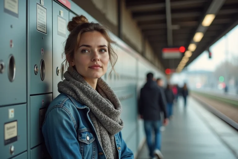 Femme en denim près de casiers dans station urbaine