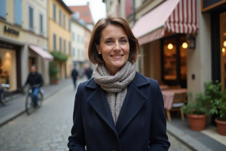 Femme souriante dans un village français pittoresque