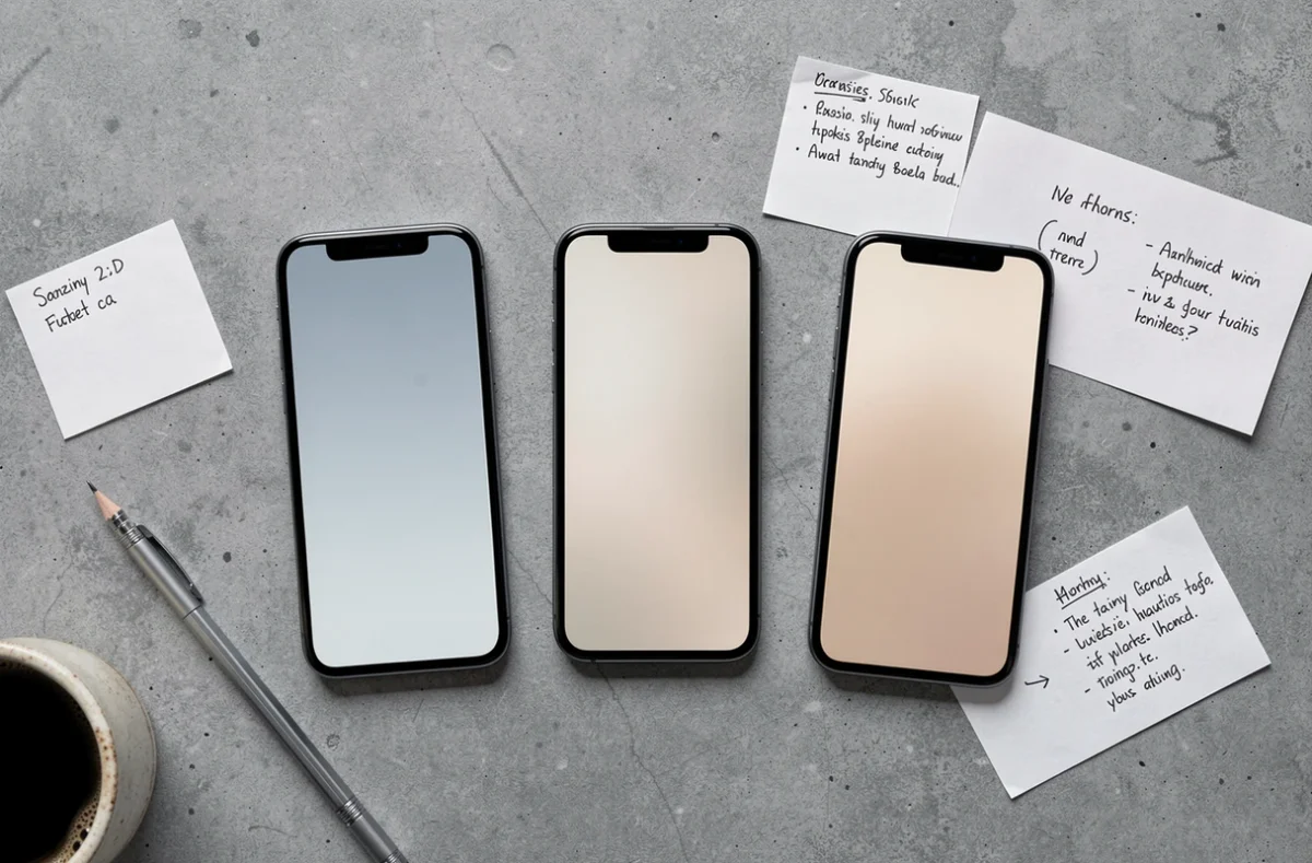 Comparatif flat lay de trois smartphones posés sur béton avec fiches de test, guide d'achat meilleurs téléphones