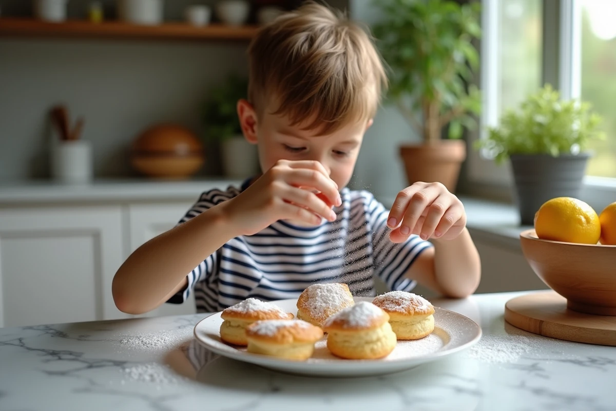 Garçon saupoudrant des madeleines de sucre dans la cuisine