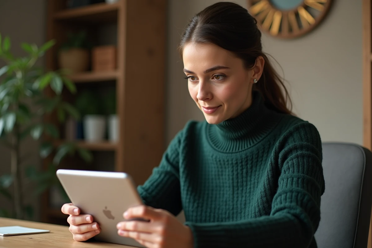 Gestionnaire de flotte se connectant à une plateforme de tracking de véhicules sur tablette depuis un bureau à domicile