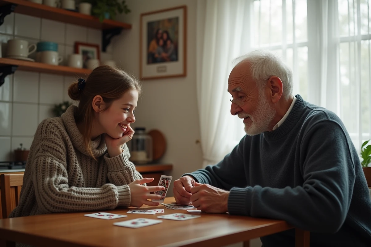 Grand-pere et adolescente jouent au Kems à la maison