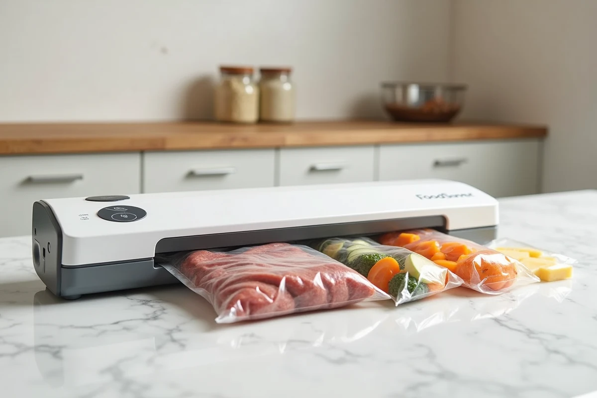 Gros plan du FoodSaver V2860 avec plusieurs sachets sous vide contenant des aliments variés sur un plan de travail en marbre
