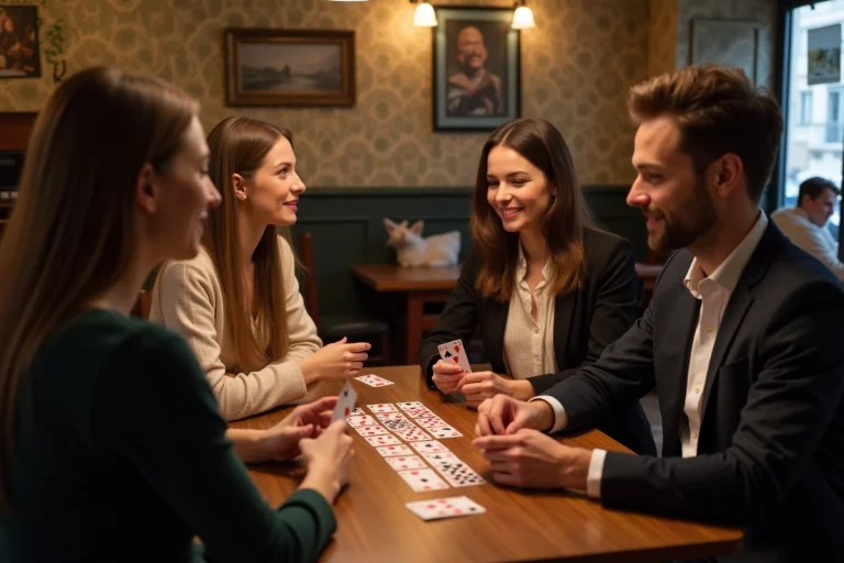 Quatre adultes jouent aux cartes dans un café français